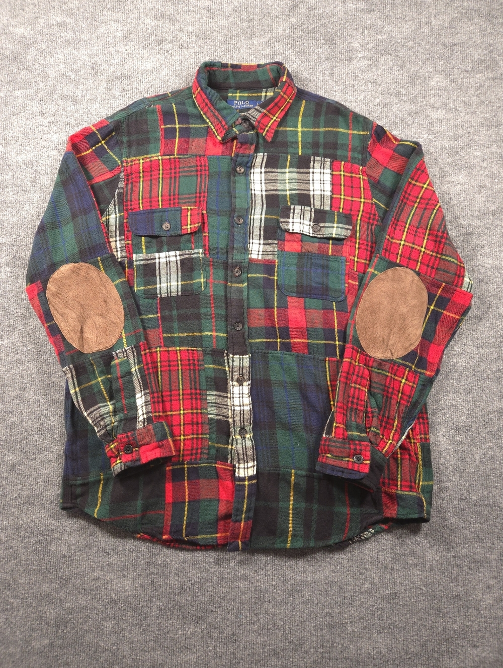 ​Polo Ralph Lauren Patchwork Flannel Plaid Workshirt Suede Elbow Patches Large